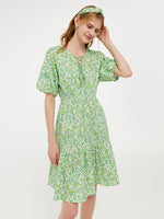 Cotton Floral Print Drawstring Front Women Mini Dress With Hairband GOELIA