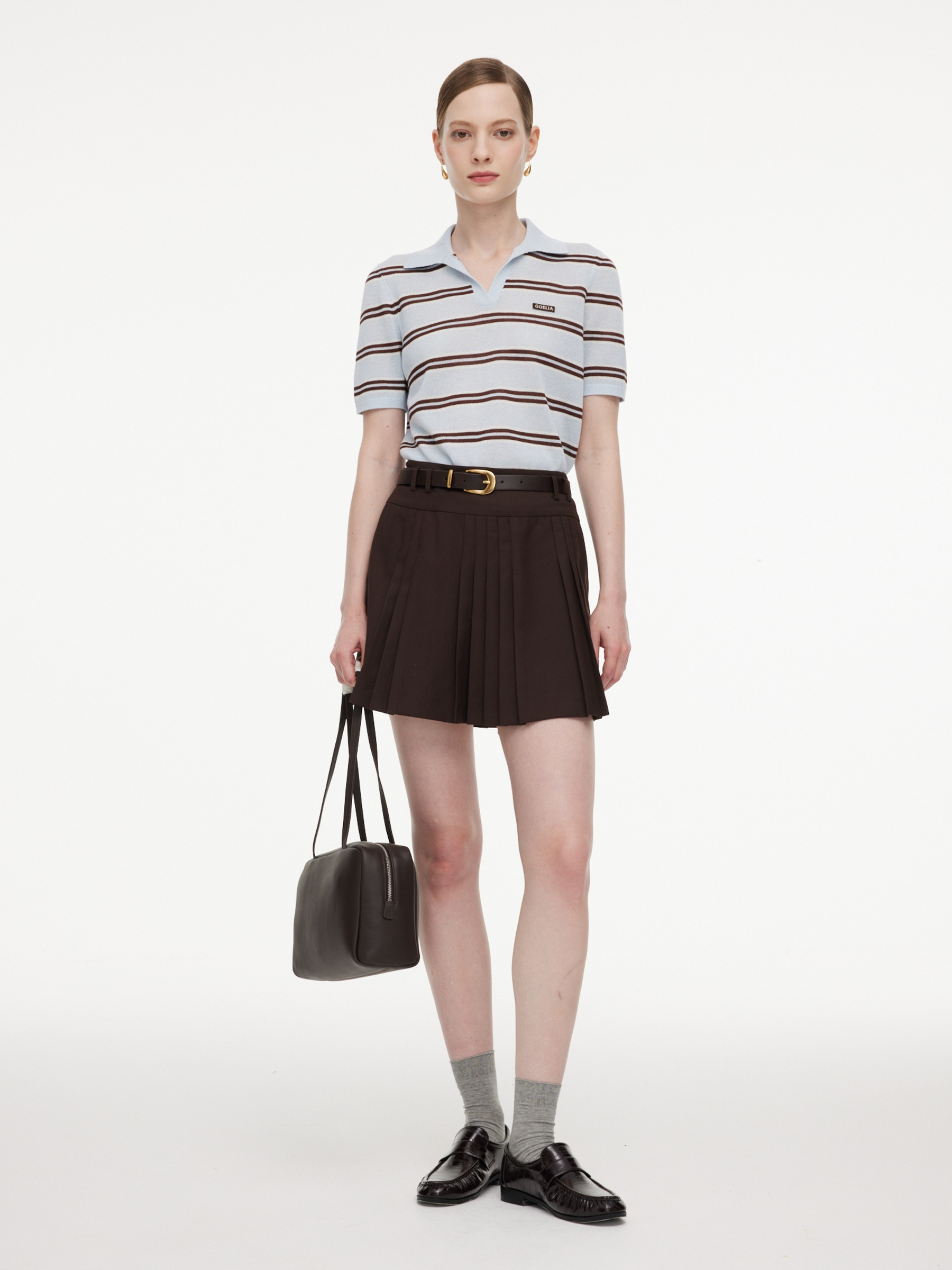 Crew Neck Stripe Women Polo Knit Top GOELIA