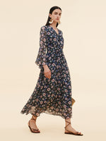 10MM Mulberry Silk Floral Print Women V-Neck Maxi Dress GOELIA