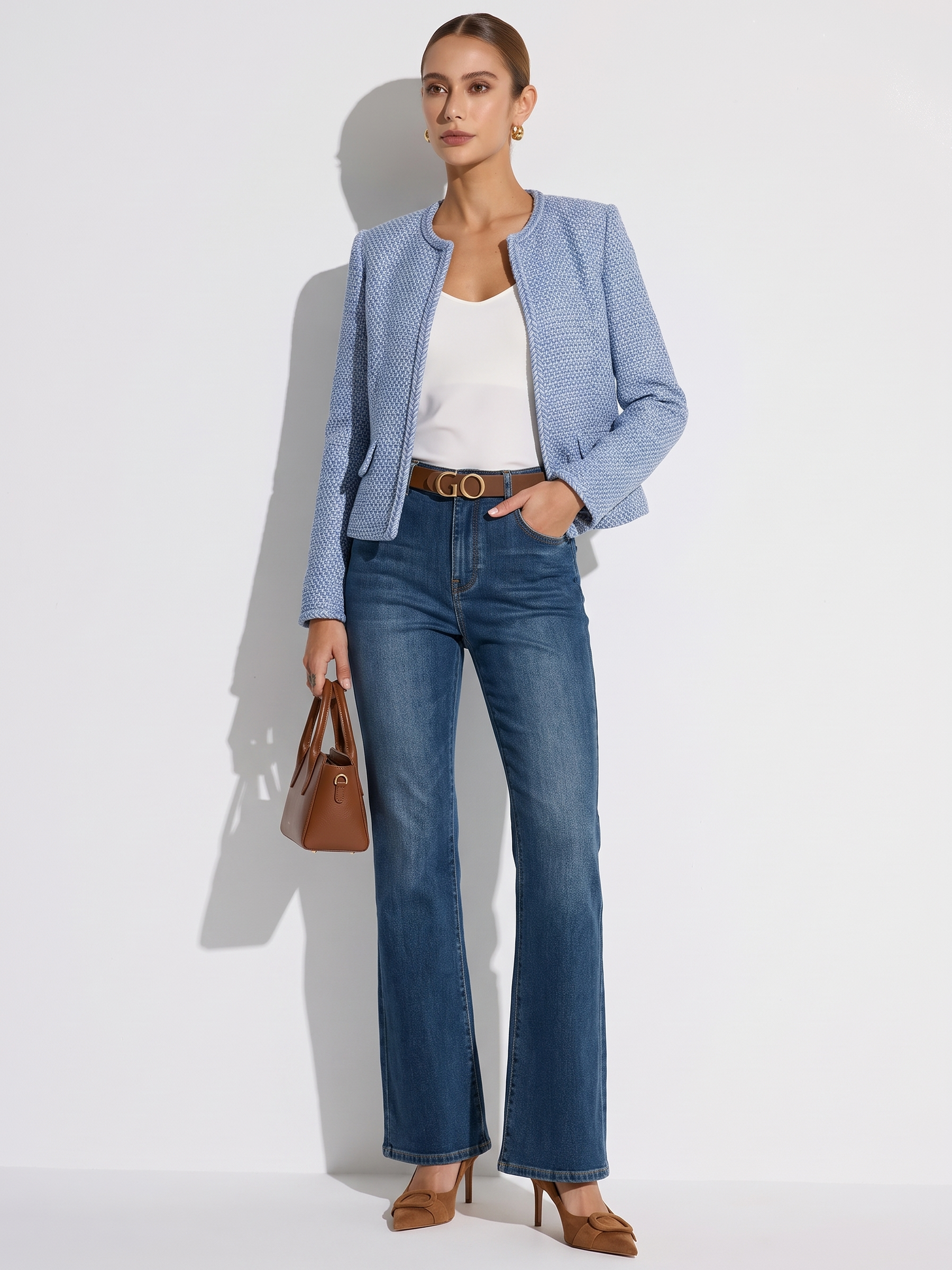 Cotton Wool Blend Women Tweed Cropped Jacket GOELIA