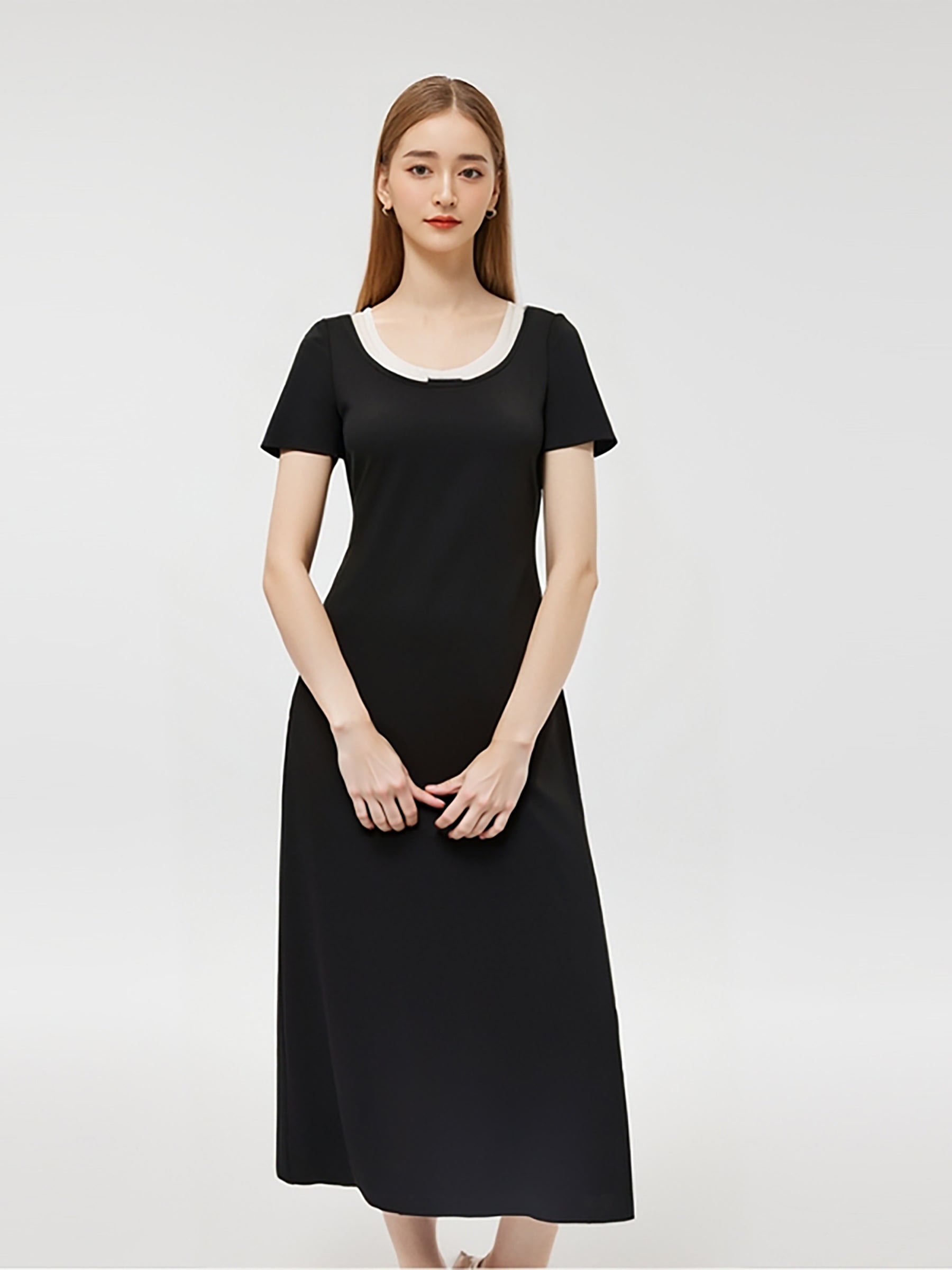 Faux Two-Piece Patchwork Slim Fit Women T-Shirt Maxi Dress GOELIA