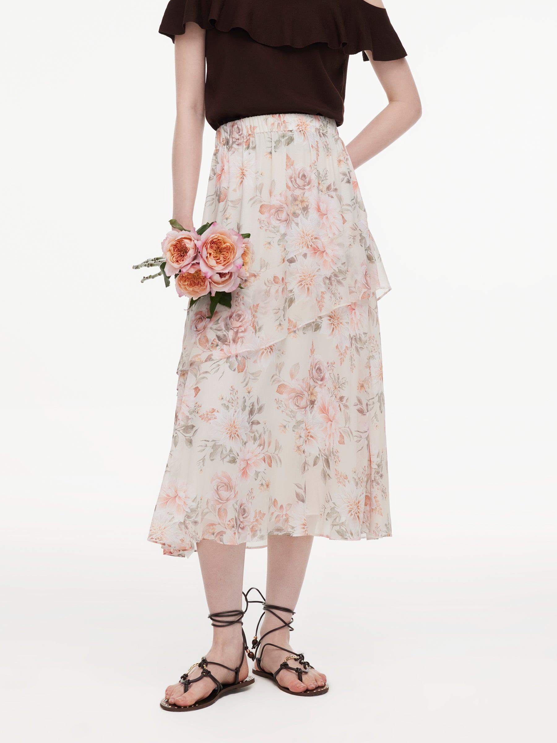 10MM Mulberry Silk Floral Print Women Tiered Skirt GOELIA
