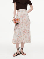 10MM Mulberry Silk Floral Print Women Tiered Skirt GOELIA