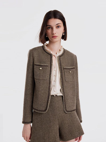 Goelia Retro Brown Washable Woolen Jacket, Brown / XL