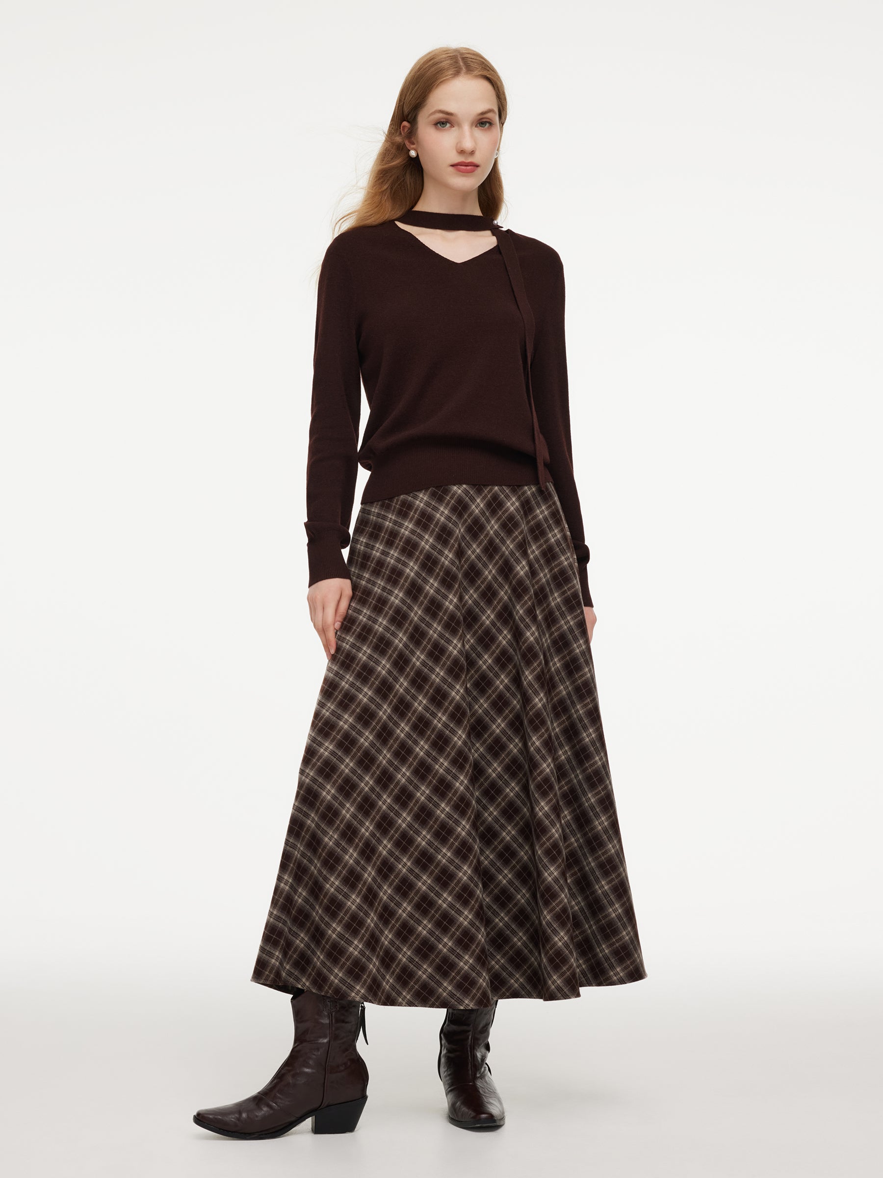 V-Neck Knit Top And Plaid Skirt Two-Piece Set With Ribbon GOELIA