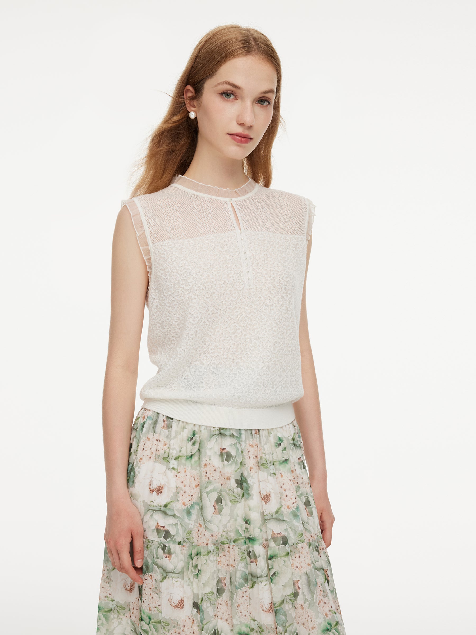 Jacquard Cut Out Neckline Women Ruffle Knit Tank Top GOELIA