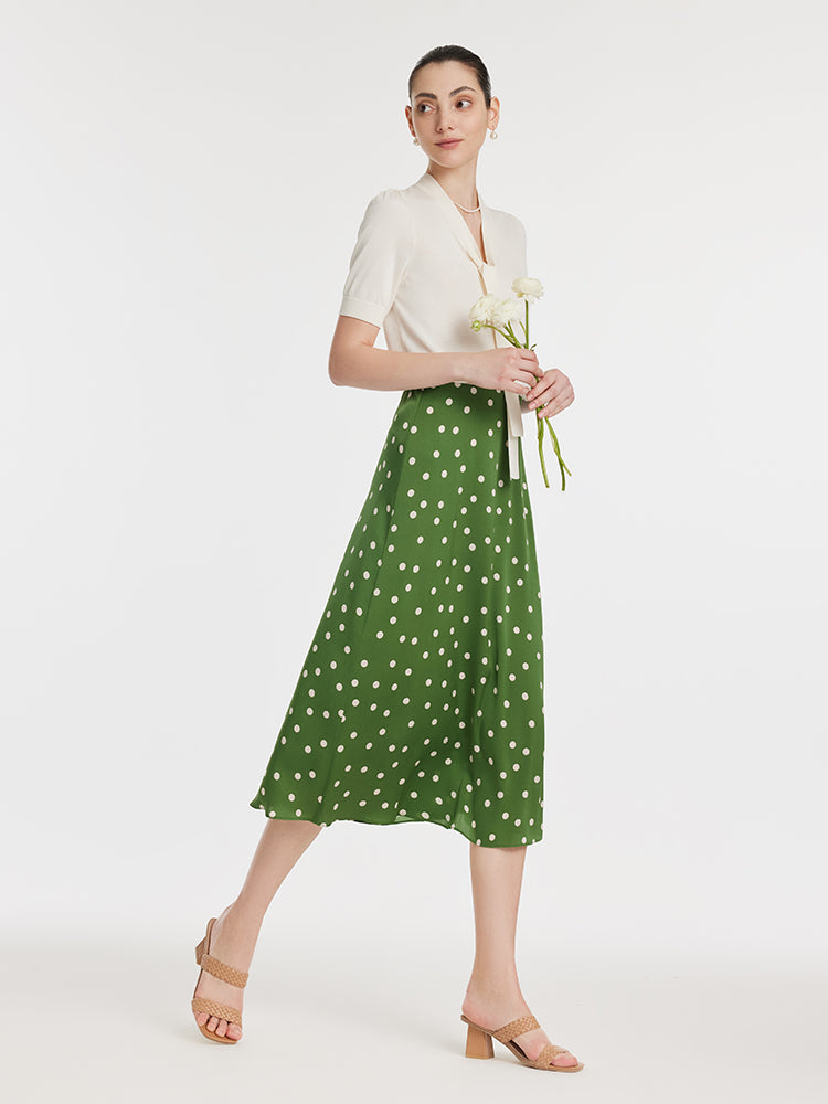 Bow Tie Neck Knit Top And Mulberry Silk Polka Dots Printed Half Skirt Two-Piece Set GOELIA