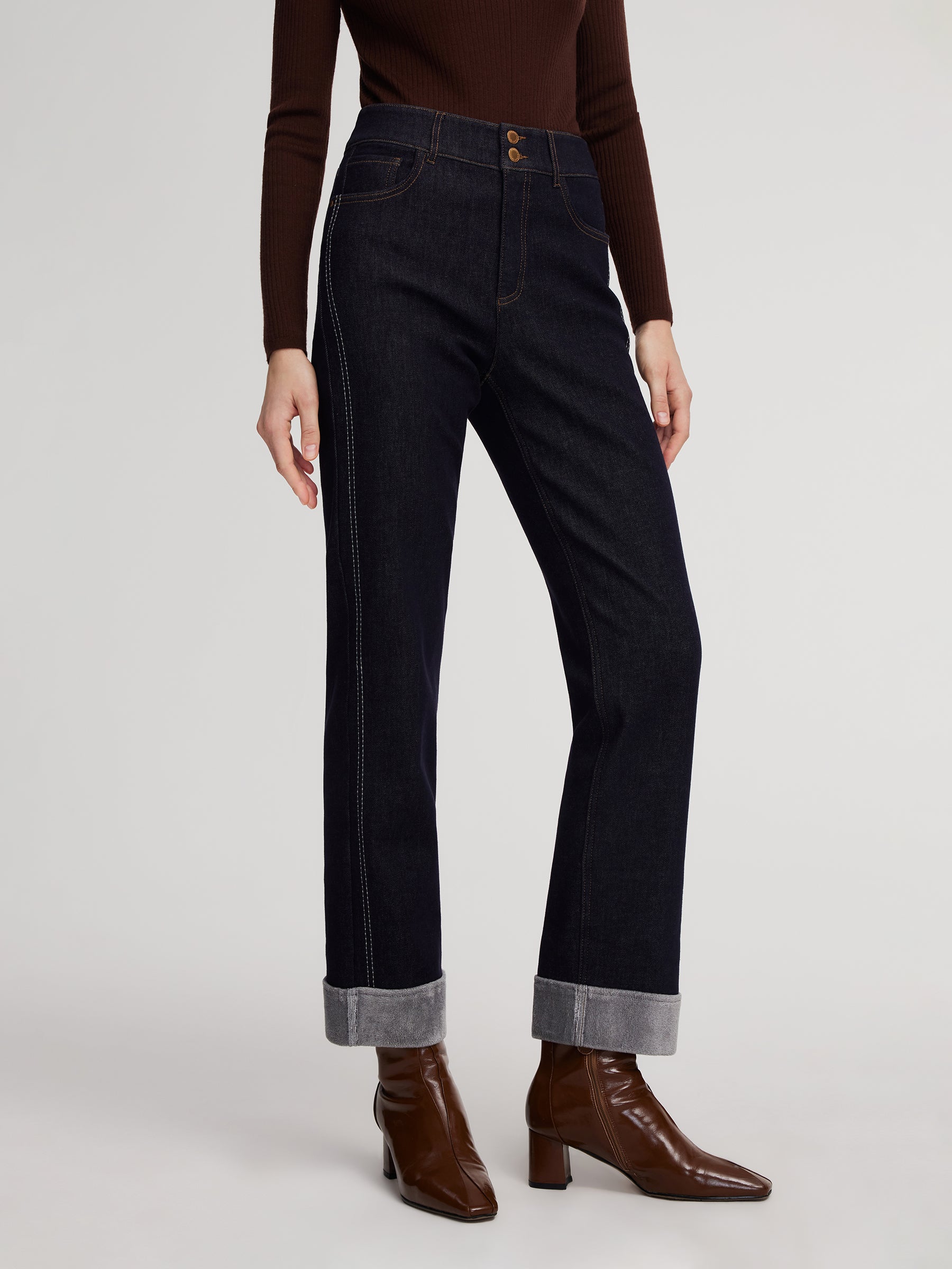 [Preview] Denim High-Waisted Fleece Lined Women Folded Jeans GOELIA