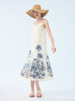 Tencel Linen Blend Floral Print Women Strap Maxi Dress GOELIA