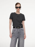 [Preview] Bowknot Print Gathered Waist Women T-Shirt GOELIA