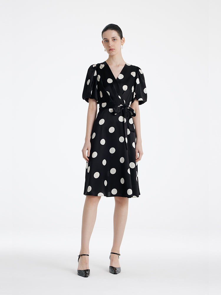 Acetate Polka Dots Printed Women Mini Dress With Belt GOELIA