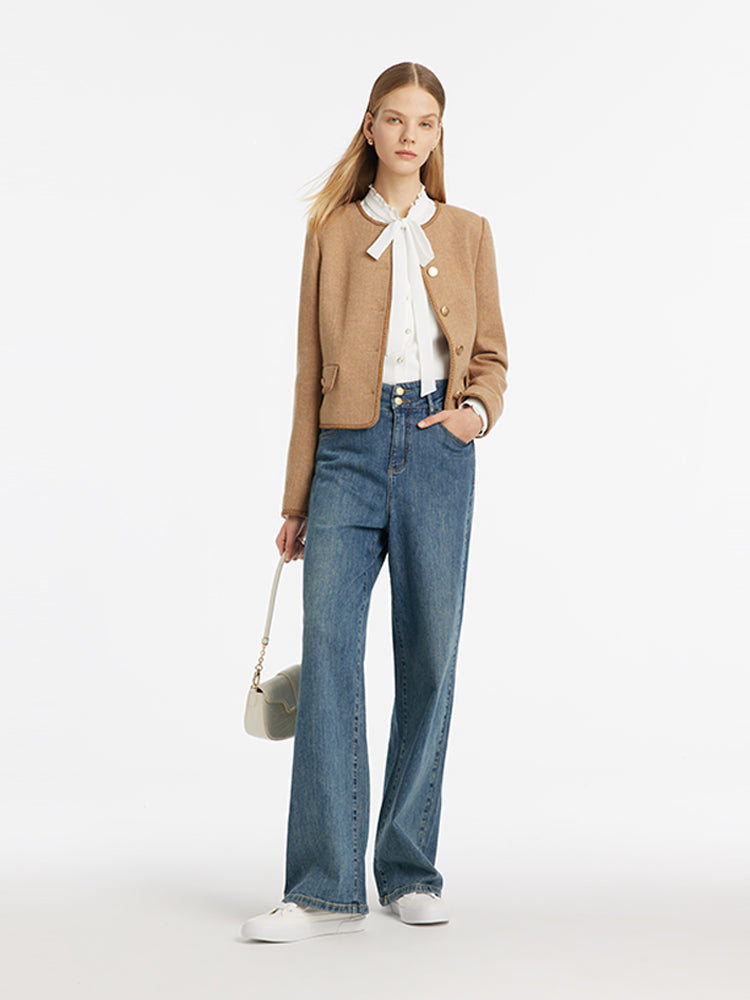 Washable Wool Round Neck Single-Breasted Women Jacket GOELIA