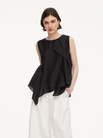 Lyocell Blend Black Ruffle-Detailing Women Tank Top GOELIA