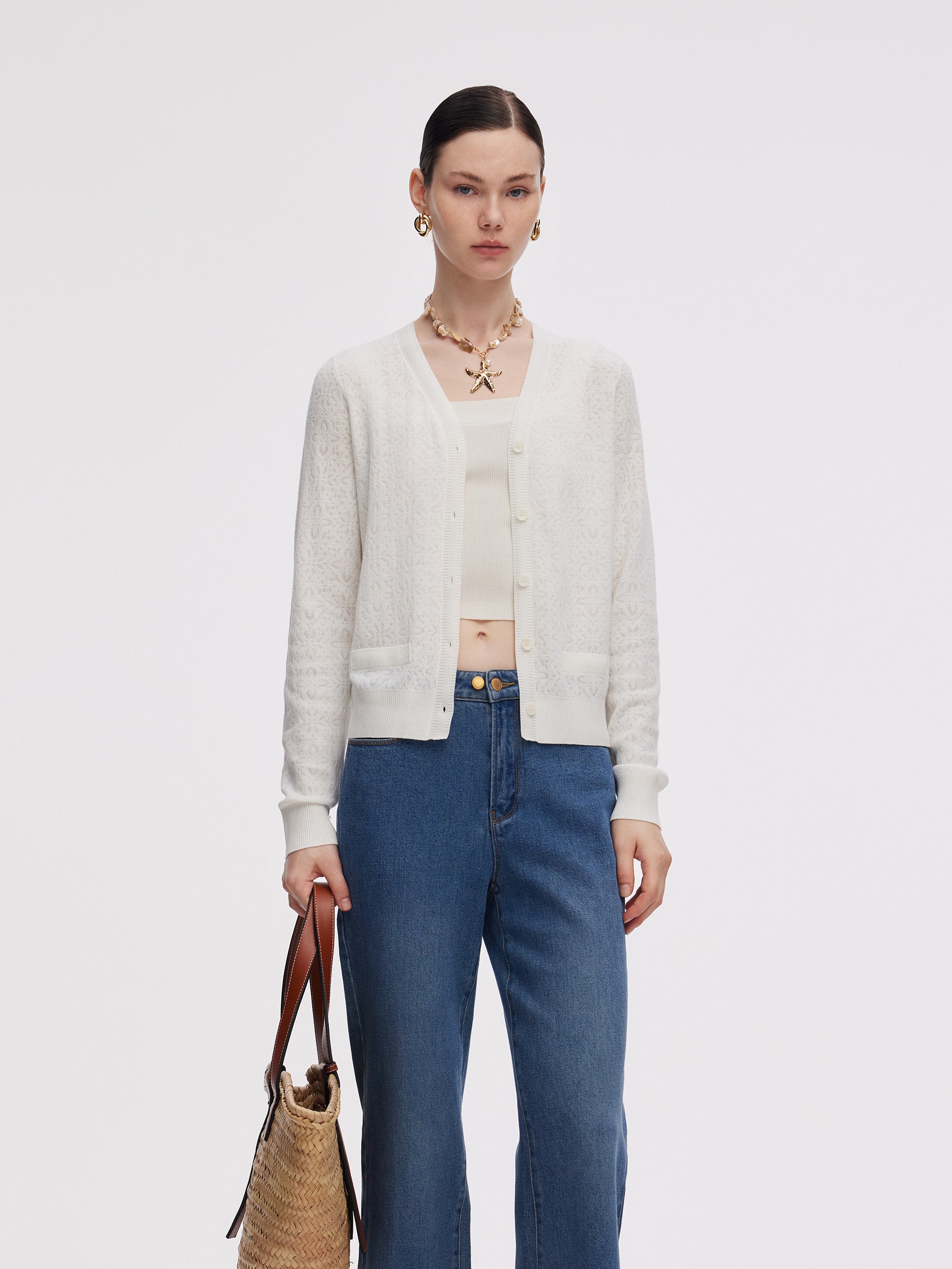 Jacquard Women V-Neck Cardigan GOELIA