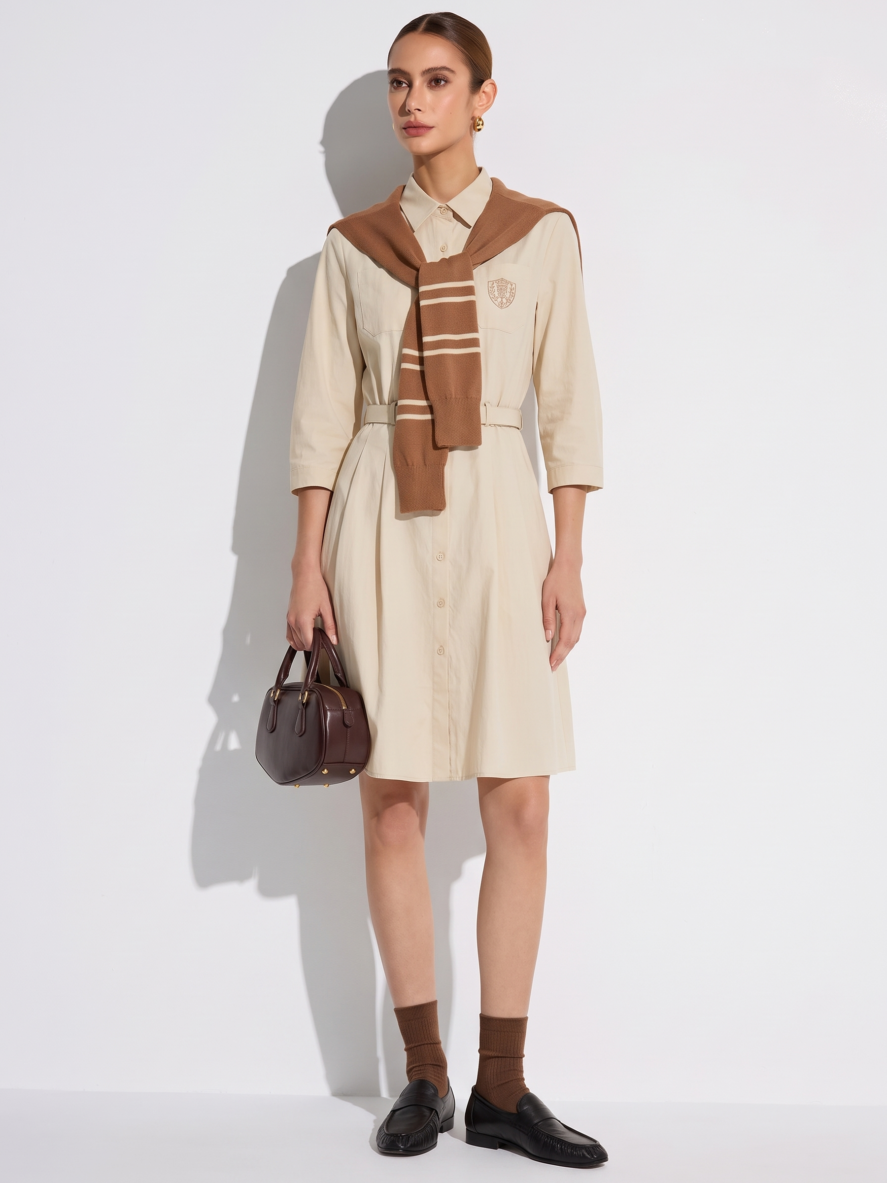 Cotton Letter Embroidered Women Belted Midi Shirt Dress With Detachable Sailor Collar GOELIA