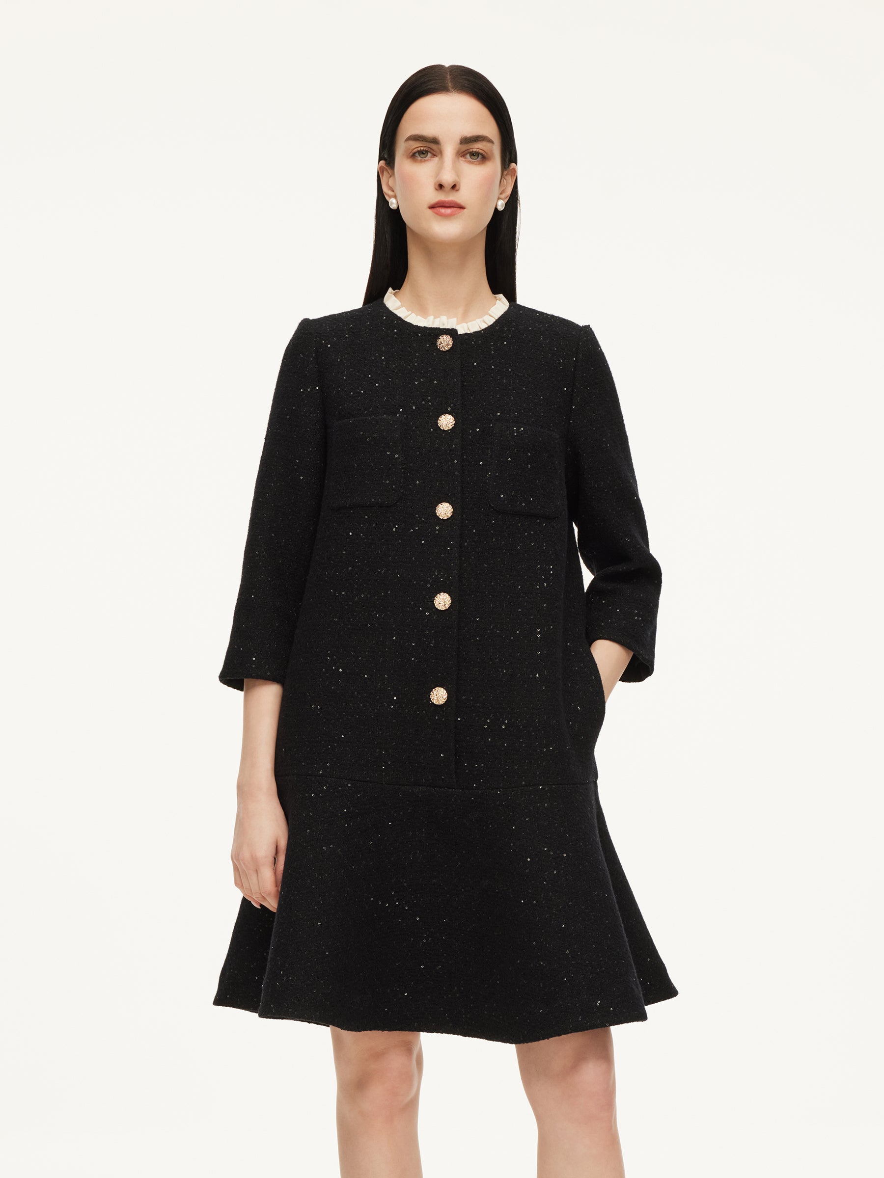 Wool Blend Sequins Ruffle Hem Women A-Line Mini Dress GOELIA