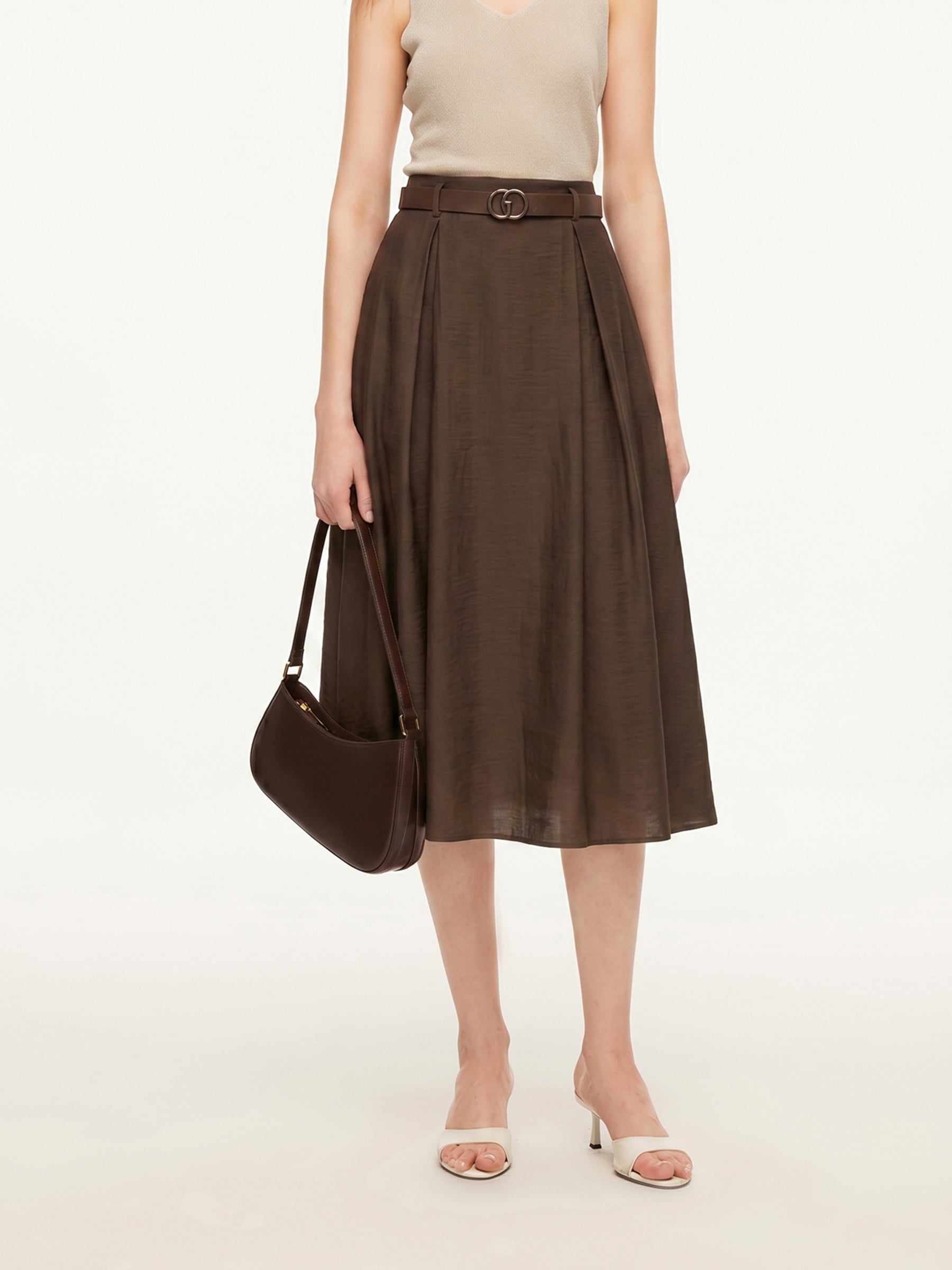 Tencel Linen Blend Women A-Line Skirt With Leather Belt GOELIA