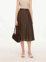 Tencel Linen Blend Women A-Line Skirt With Leather Belt GOELIA