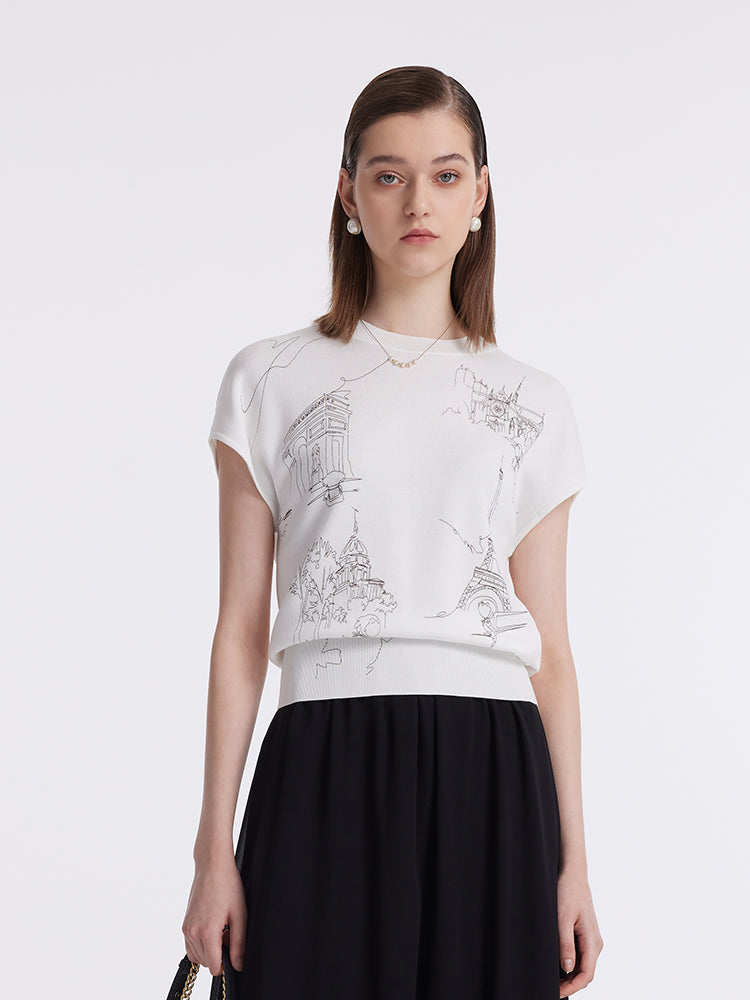 Map Printed Gathered Waist Women Knit Top GOELIA