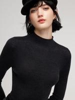 100% Wool Seamless Mock Neck Women Knit Top GOELIA