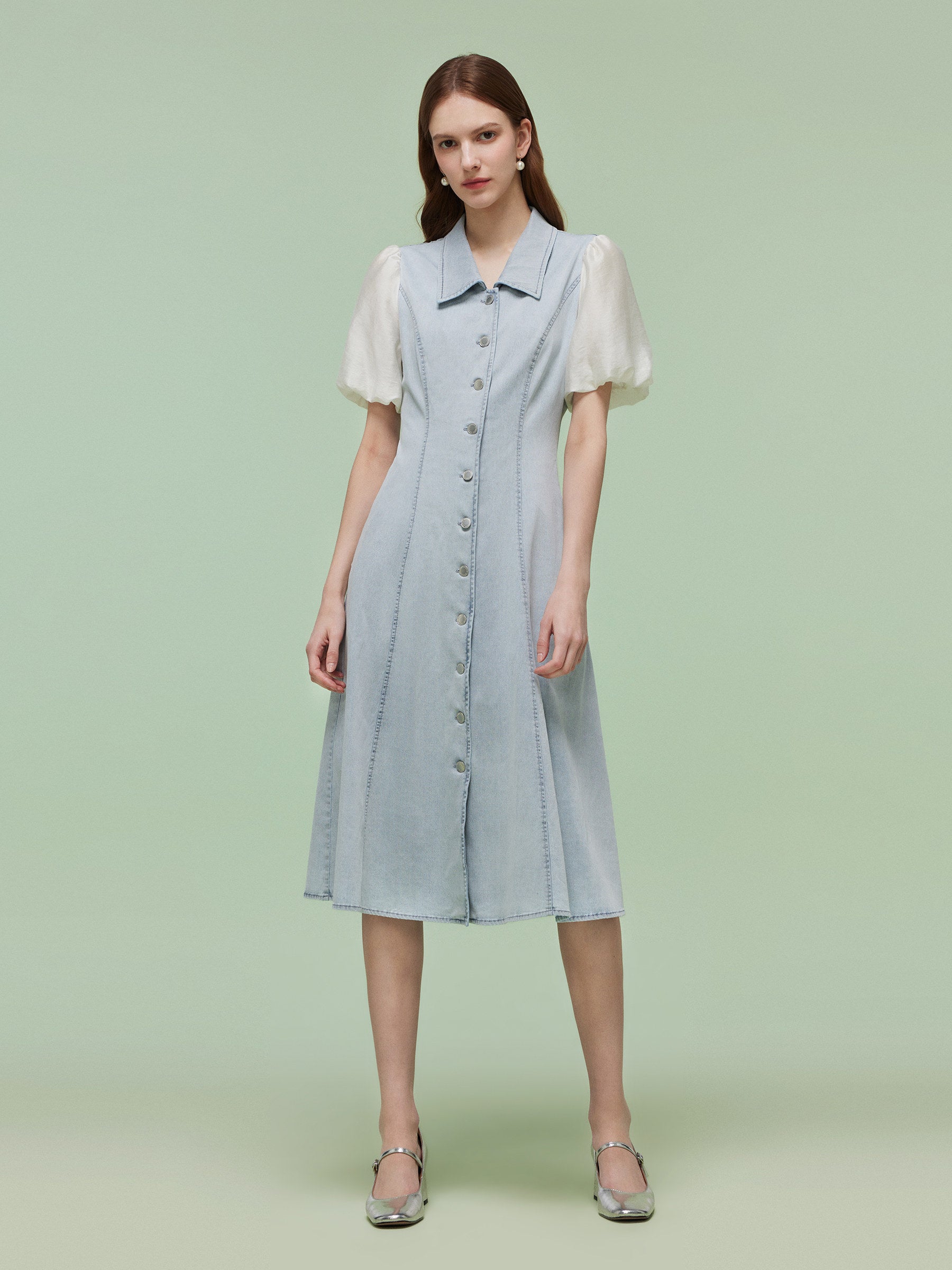 Denim Patchwork Women Puff-sleeved Midi Dress GOELIA