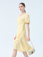 100% Cotton Ruffle Puff Sleeve Women Wrap Midi Dress GOELIA
