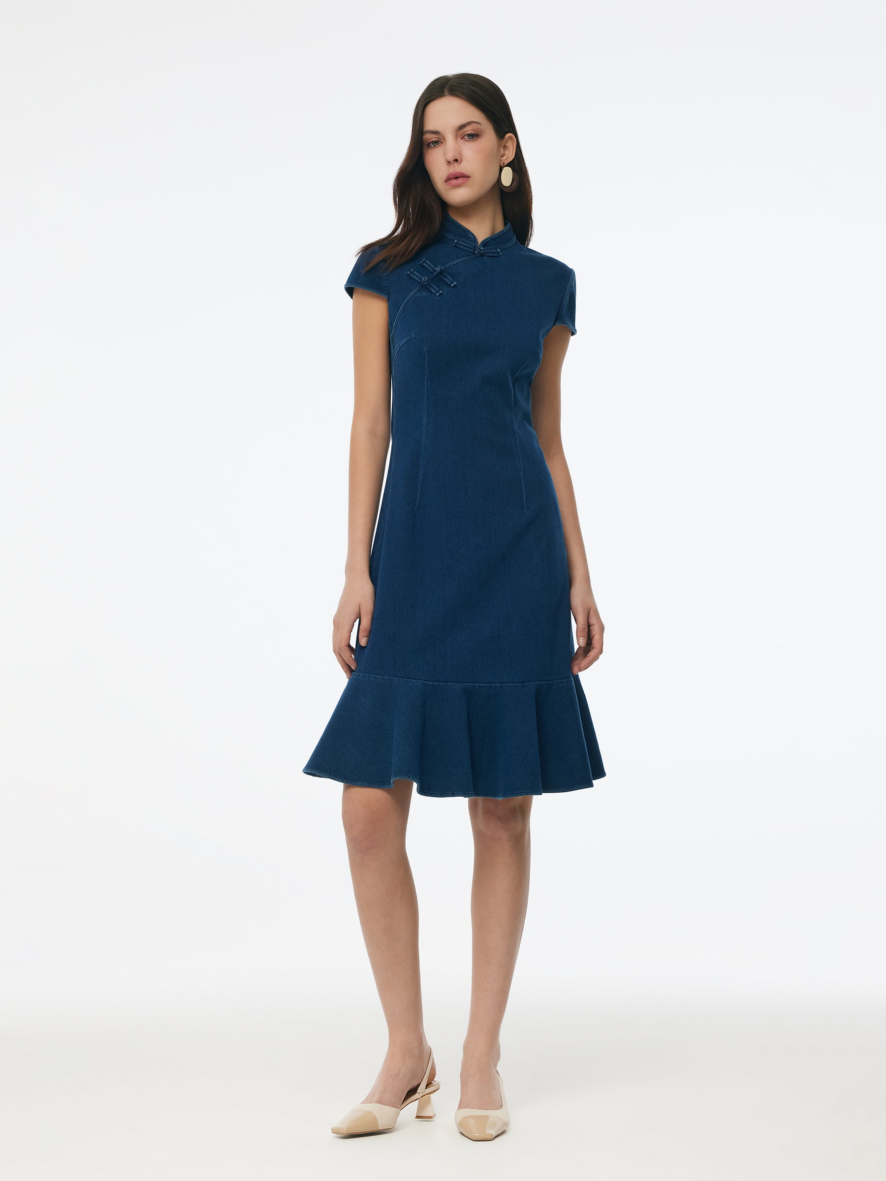 Denim Ruffle Hem Women Stretchy Knit Qipao Mini Dress GOELIA