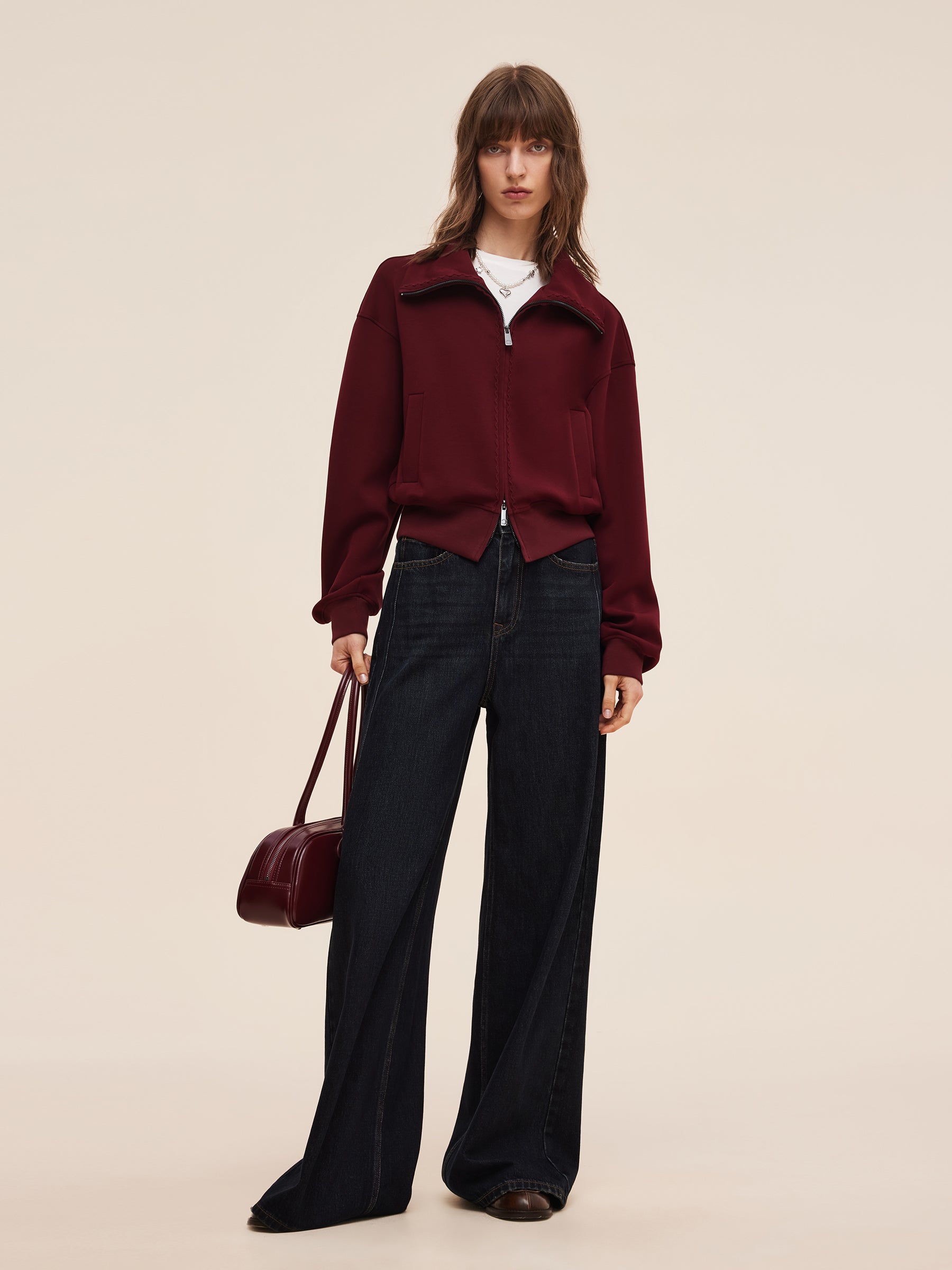 Scuba High-Collar Women Zip-Up Crop Jacket GOELIA