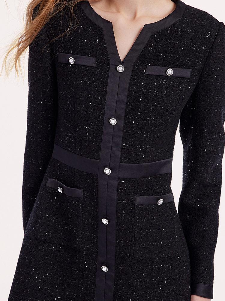 Black Sequins Notched Round Collar Wool Tweed Dress GOELIA