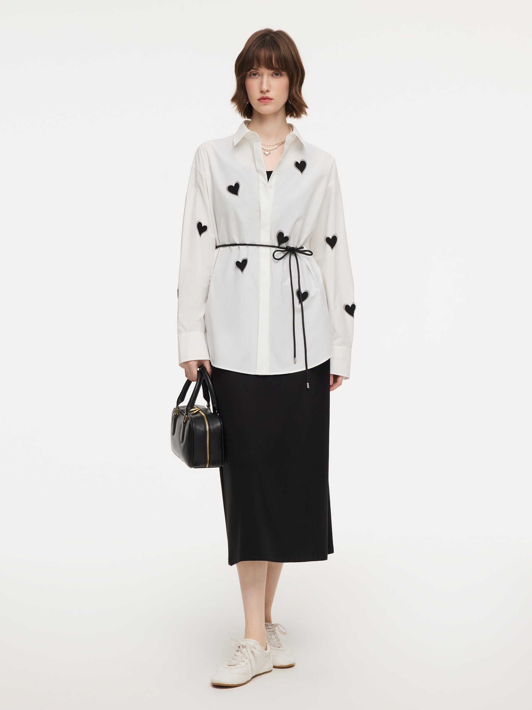 [Preview] Heart Print Shirt And Sleeveless Dress Two-Piece Set With Tie String Belt GOELIA