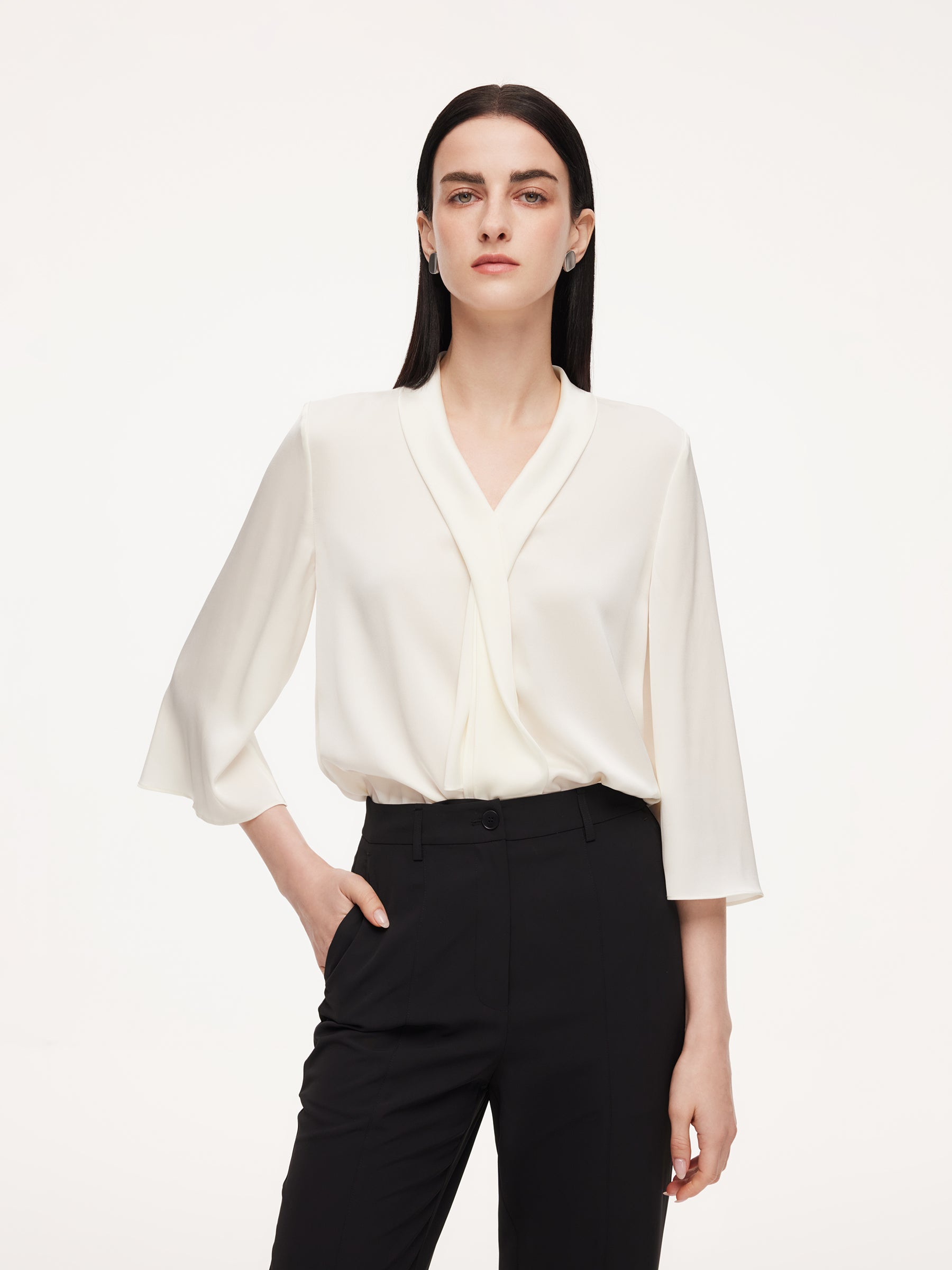 22MM Mulberry Silk Tie Neck Women 3/4 Sleeve Blouse GOELIA