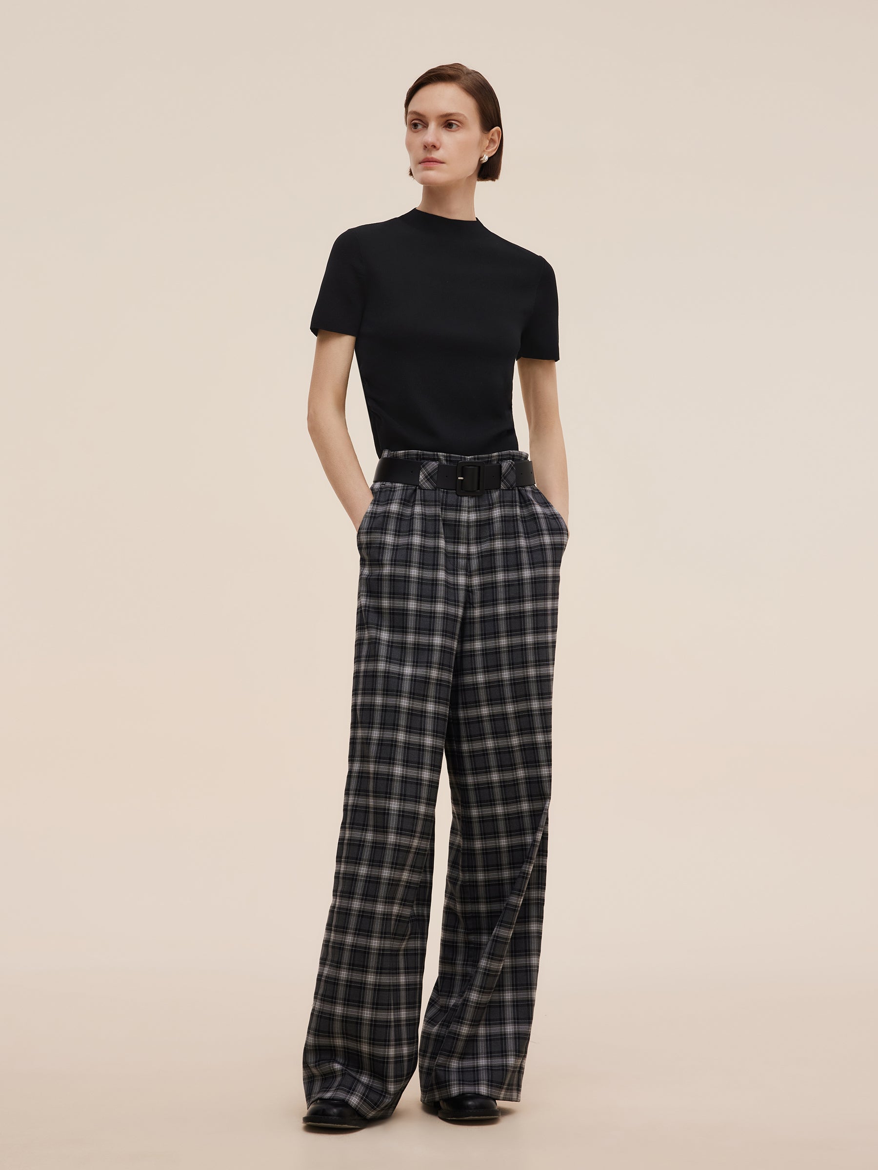 Plaid Loose Wide Leg Women Pants With Leather Belt GOELIA