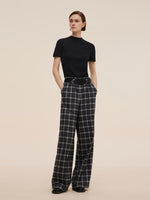 Plaid Loose Wide Leg Women Pants With Leather Belt GOELIA