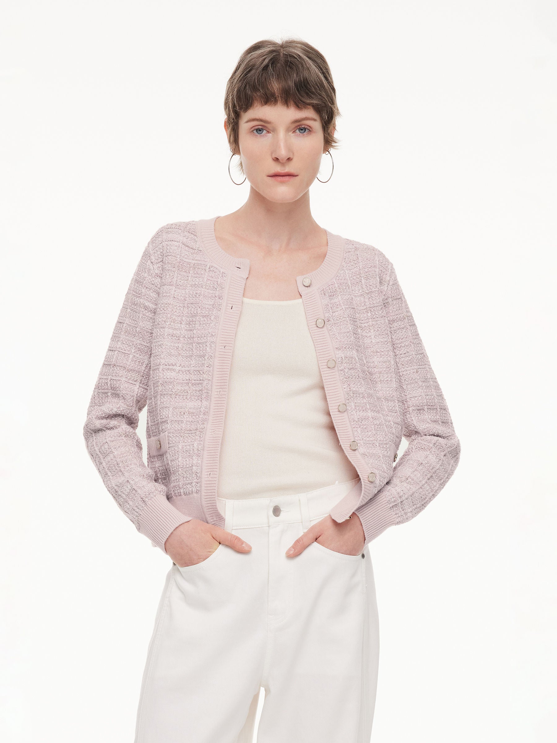 Textured Round Neck Women Stretchy Cardigan GOELIA