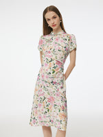 19MM Mulberry Silk Floral Print Side Twist Women Qipao Midi Dress GOELIA