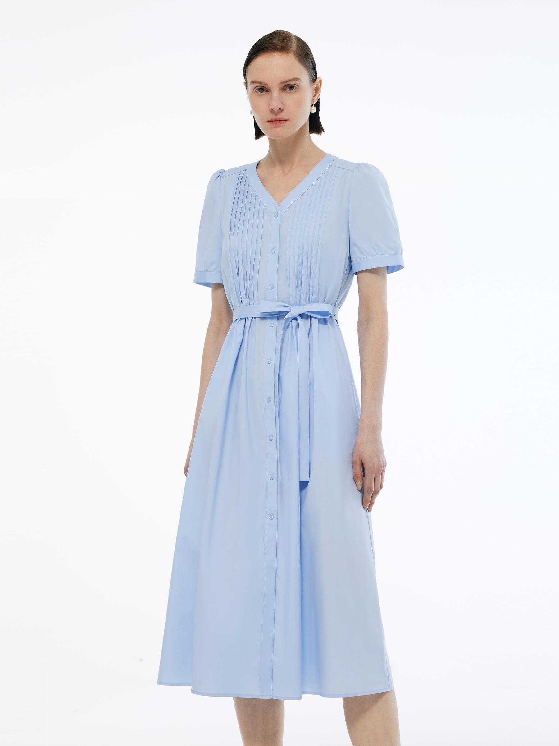 V-Neck Pleat Front Women A-Line Tie Belt Midi Dress GOELIA