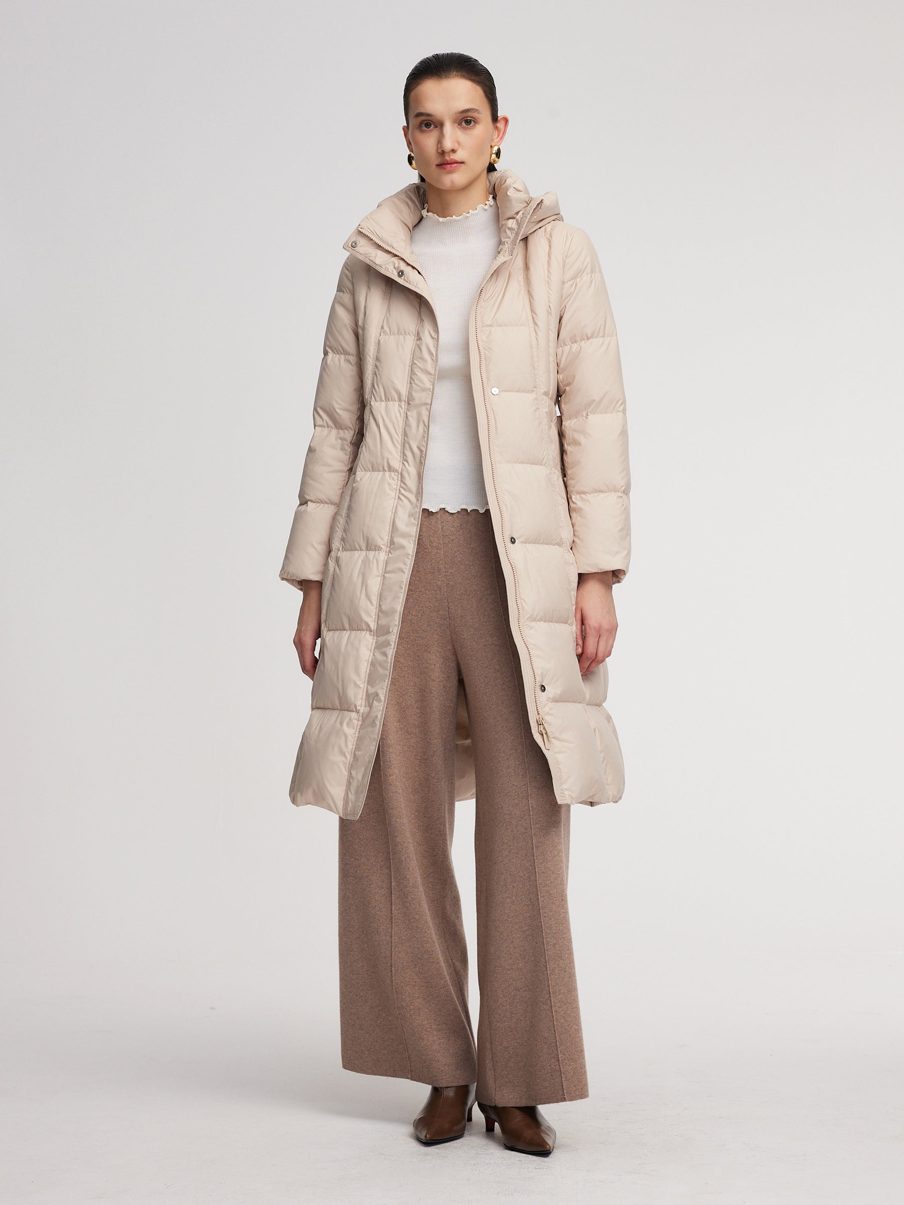 [Preview] Windproof Hooded Goose Down Coat With Belt GOELIA