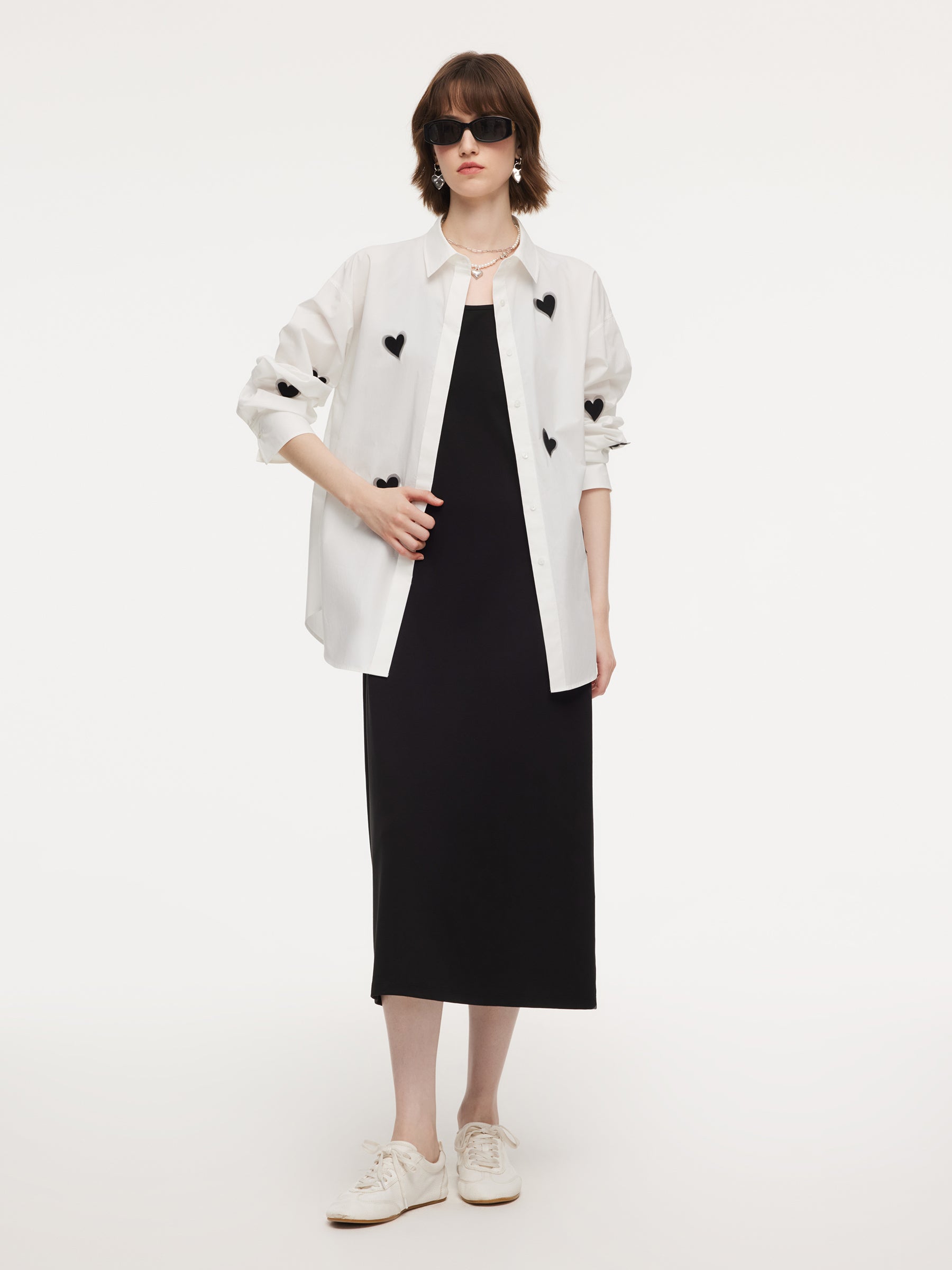 [Preview] Heart Print Shirt And Sleeveless Dress Two-Piece Set With Tie String Belt GOELIA