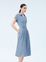 100% Cotton Denim Women V-Neck Maxi Shirt Dress With Belt GOELIA