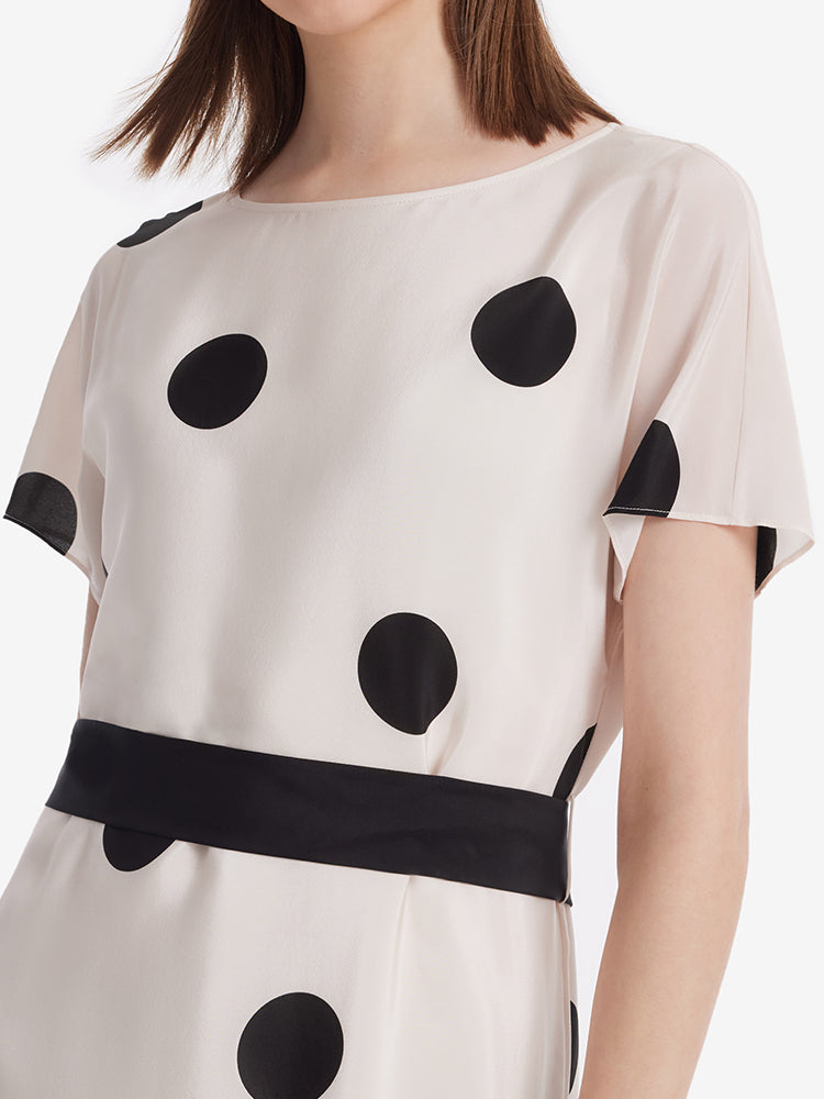 16 Momme Mulberry Silk Boat Neck Polka Dots Printed Women Midi Dress With Belt And Scrunchie GOELIA