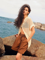 Sequins Stretch Zip-Up Women Openwork Hooded Cardigan GOELIA