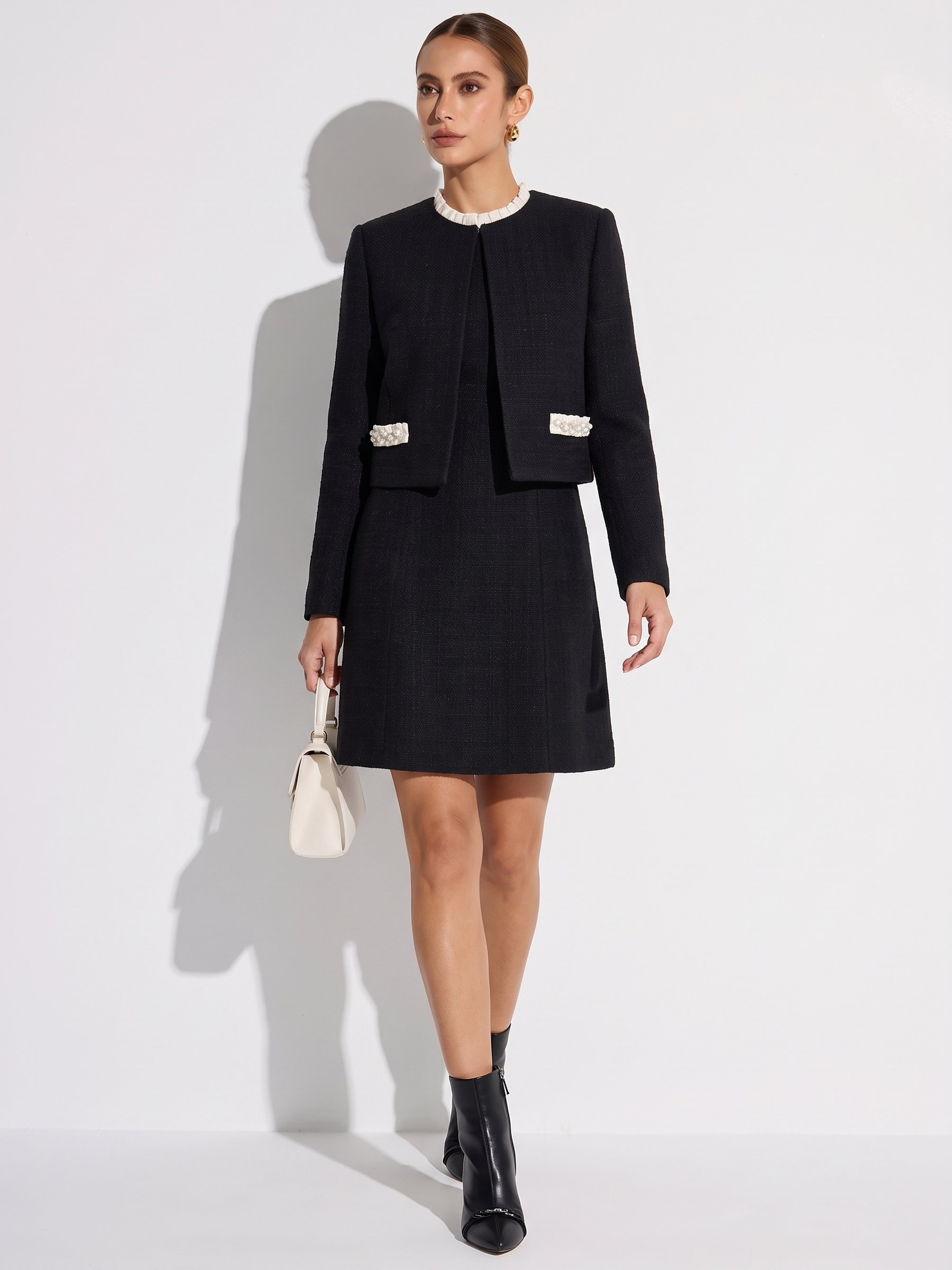 Pre-Order Cotton Blend Cropped Jacket And Ruffle Sleeveless Mini Dress Two-Piece Set GOELIA
