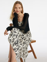 Camellia Printed Spaghetti Strap Dress And Knitted Cardigan Two-Piece Set GOELIA
