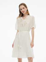 Tencel Blend Sequins Embroidered Women Midi Dress With Tie String Belt GOELIA