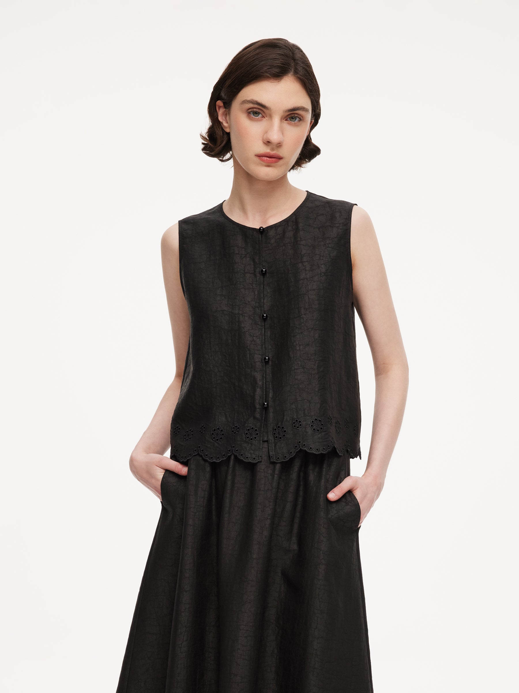 18MM Gambiered Canton Gauze Women Embroidered Hem Vest GOELIA