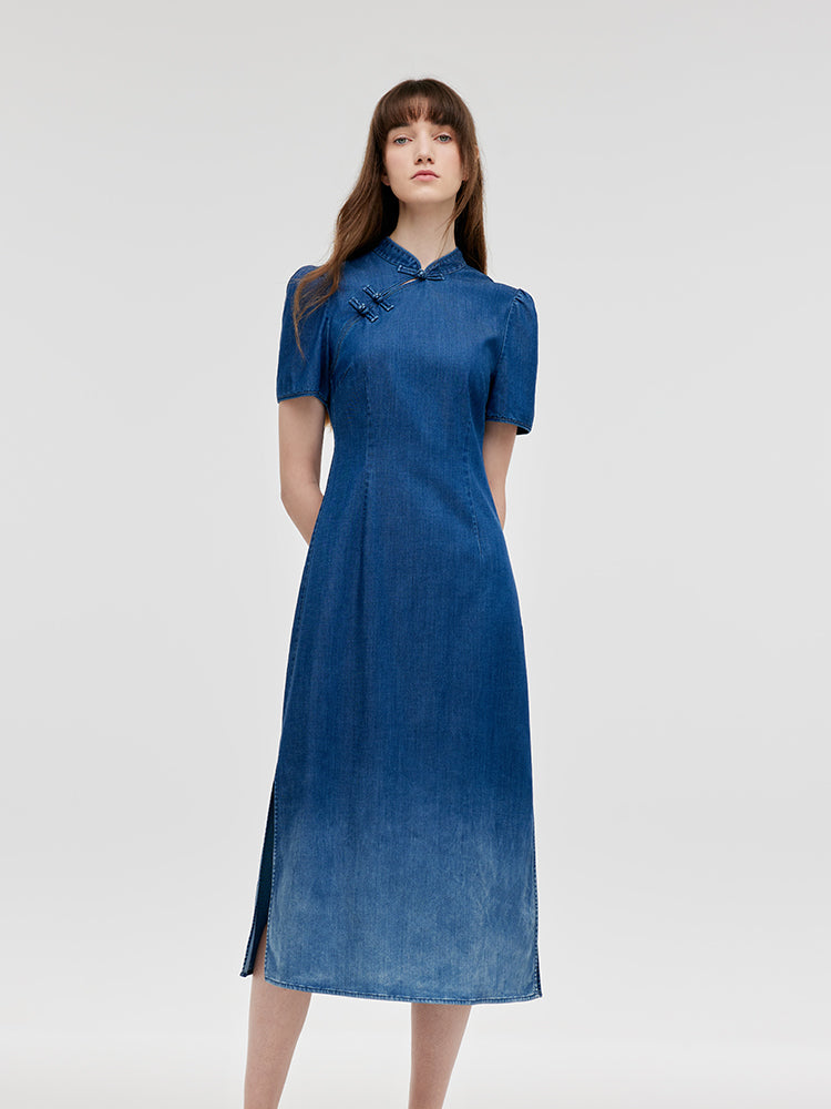Gradient Denim Women Qipao Midi Dress GOELIA