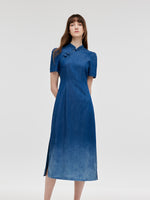 Gradient Denim Women Qipao Midi Dress GOELIA