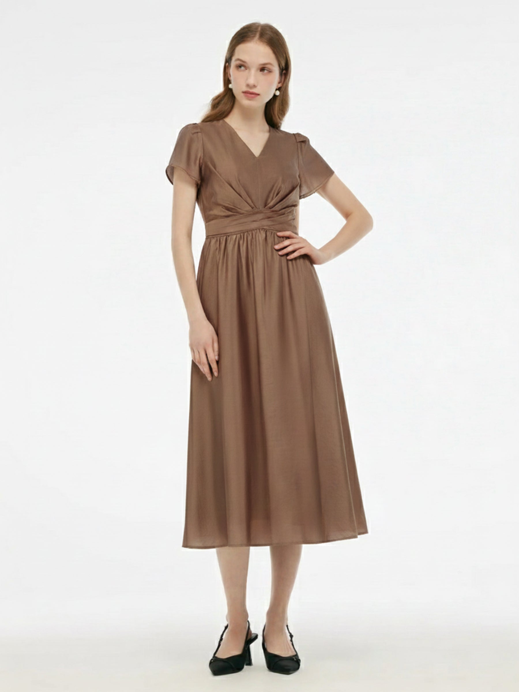 Tencel Blend Twist Front V-Neck Women Maxi Dress GOELIA