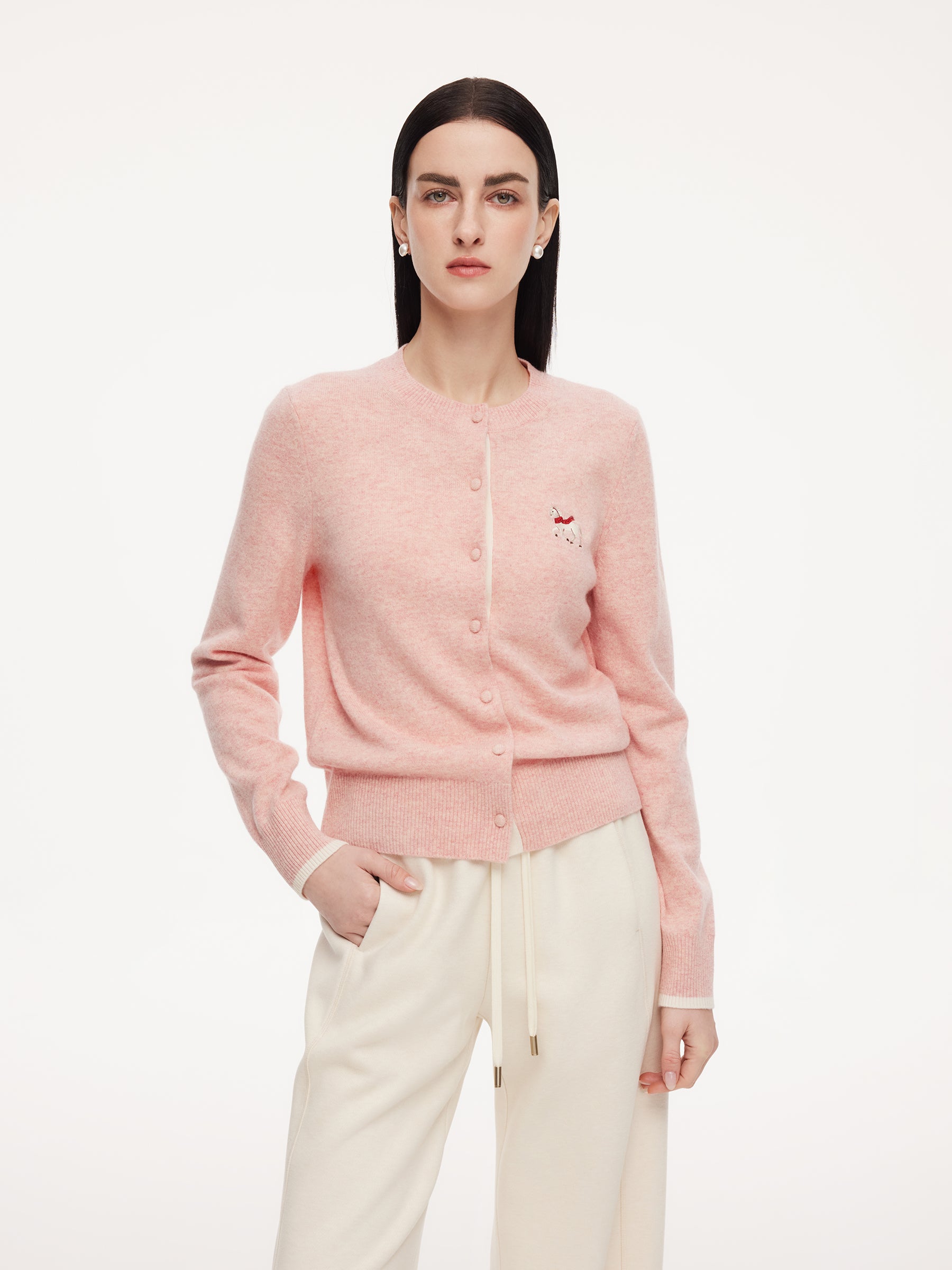 100% Wool Color Block Pony Embroidered Women Cardigan GOELIA