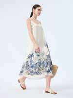 Tencel Linen Blend Floral Print Women Strap Maxi Dress GOELIA
